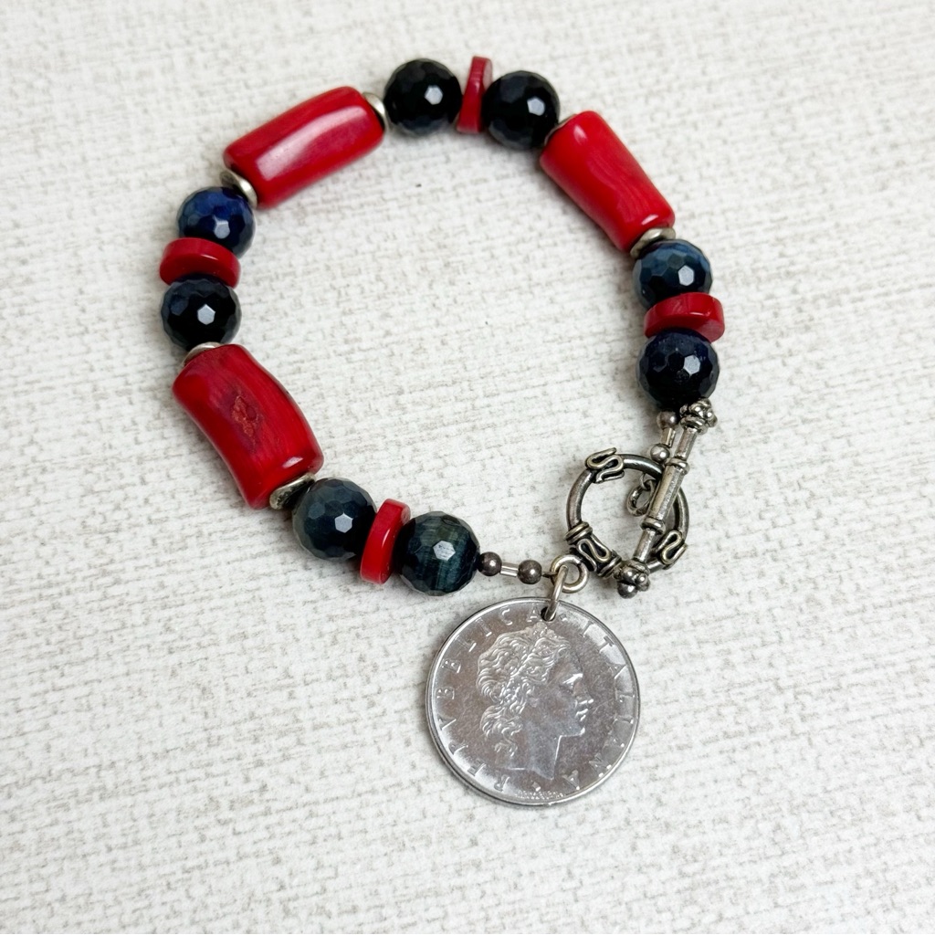 Handmade Dyed Red Coral With Vulcan 50 Lira Coin Charm